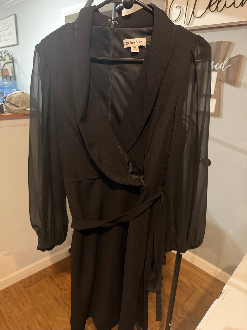 Shelby & Palmer Black Chiffon-Sleeve Wrap Dress